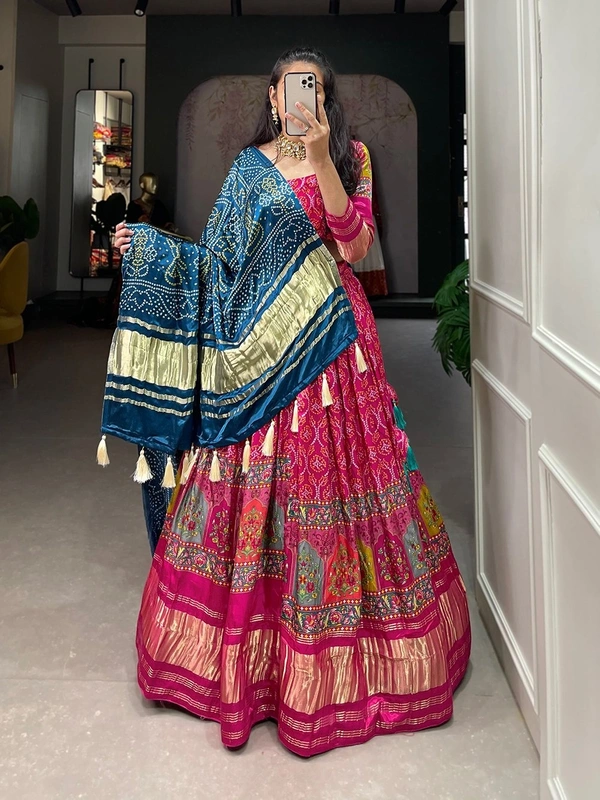 Azorte Fashion Gaji Silk Lehenga Choli Set | Digital Print & Lagadi Patta | Tassel Dupatta - BLU, Stitched, Unstitched