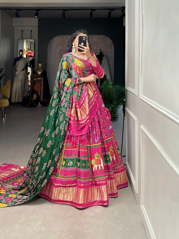 Azorte Fashion Gaji Silk Lehenga Choli Set | Digital Print & Lagadi Patta | Tassel Dupatta - MRN, Stitched, Unstitched