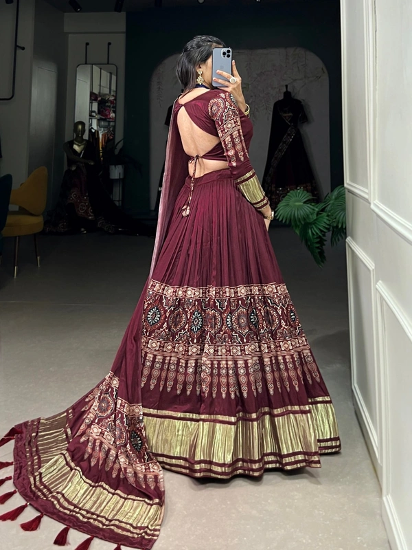 Azorte Fashion Gaji Silk Lehenga Choli Set | Digital Print & Lagadi Patta | Tassel Dupatta - BCR, Stitched, Unstitched