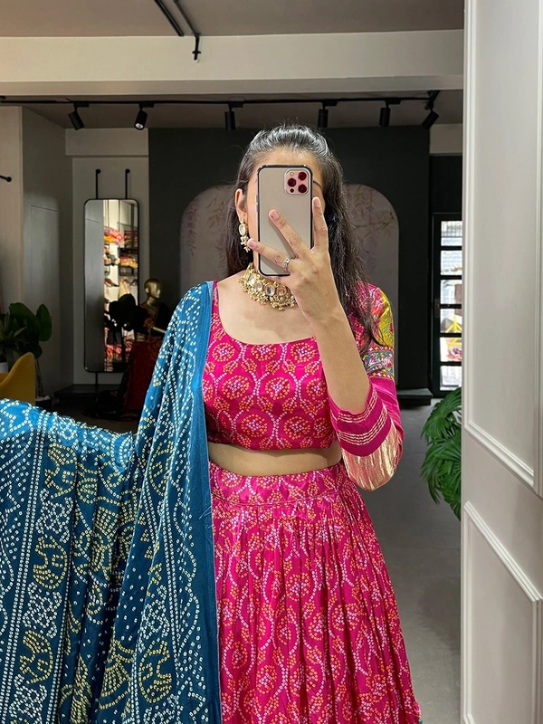 Azorte Fashion Gaji Silk Lehenga Choli Set | Digital Print & Lagadi Patta | Tassel Dupatta - BLU, Stitched, Unstitched