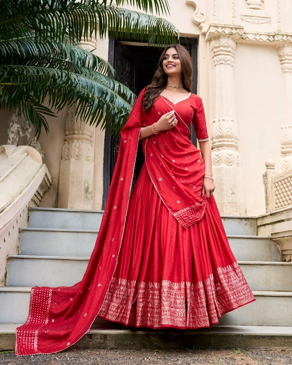 Azorte Fashion Gaji Silk Lehenga Choli Set with Digital Print & Tassel Dupatta – Ethnic Festive Wear - Red, Stitched, Unstitched