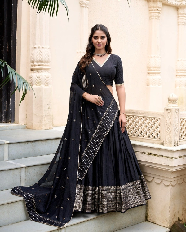 Azorte Fashion Gaji Silk Lehenga Choli Set with Digital Print & Tassel Dupatta – Ethnic Festive Wear - Black, Stitched, Unstitched