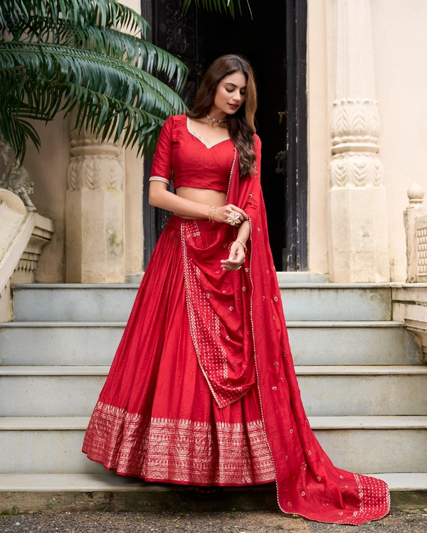 Azorte Fashion Gaji Silk Lehenga Choli Set with Digital Print & Tassel Dupatta – Ethnic Festive Wear - Red, Stitched, Unstitched