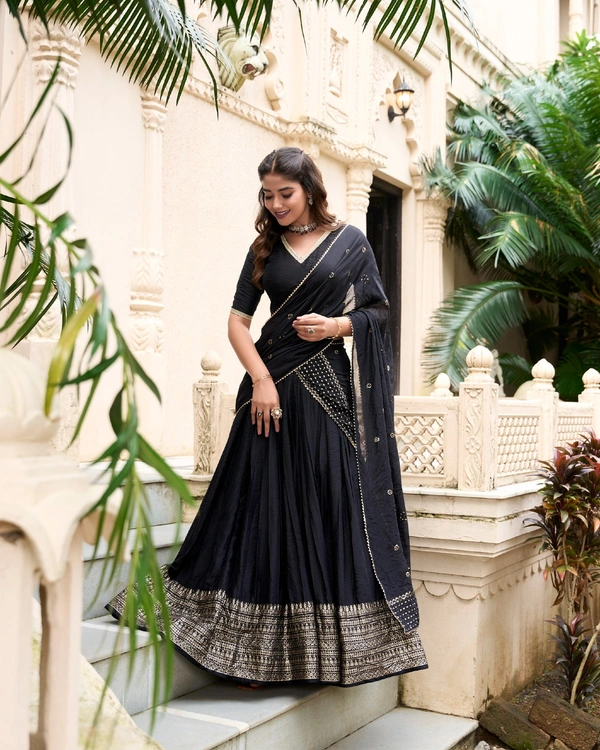 Azorte Fashion Gaji Silk Lehenga Choli Set with Digital Print & Tassel Dupatta – Ethnic Festive Wear - Black, Stitched, Unstitched