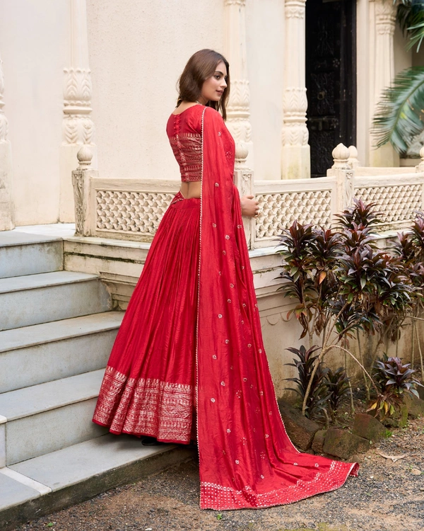 Azorte Fashion Gaji Silk Lehenga Choli Set with Digital Print & Tassel Dupatta – Ethnic Festive Wear - Red, Stitched, Unstitched