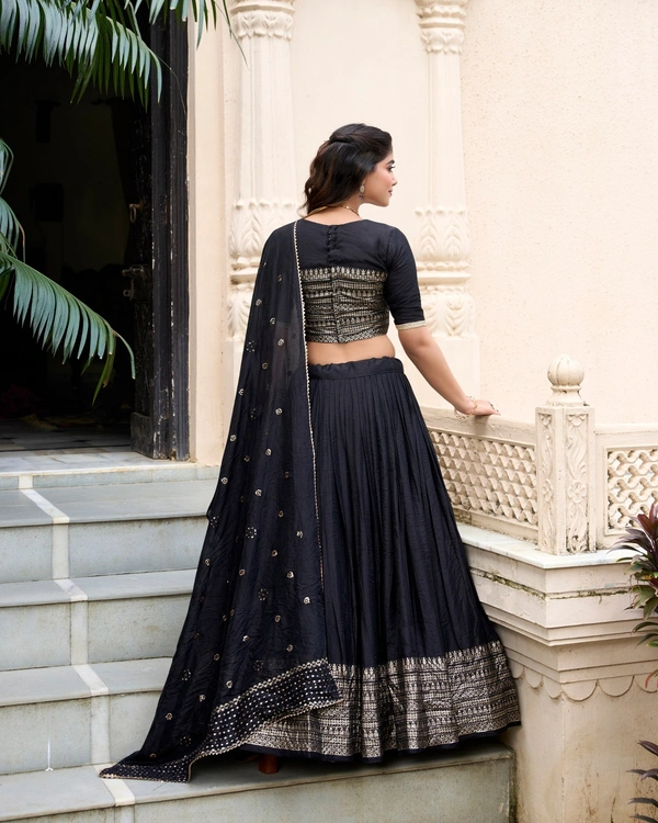 Azorte Fashion Gaji Silk Lehenga Choli Set with Digital Print & Tassel Dupatta – Ethnic Festive Wear - Black, Stitched, Unstitched