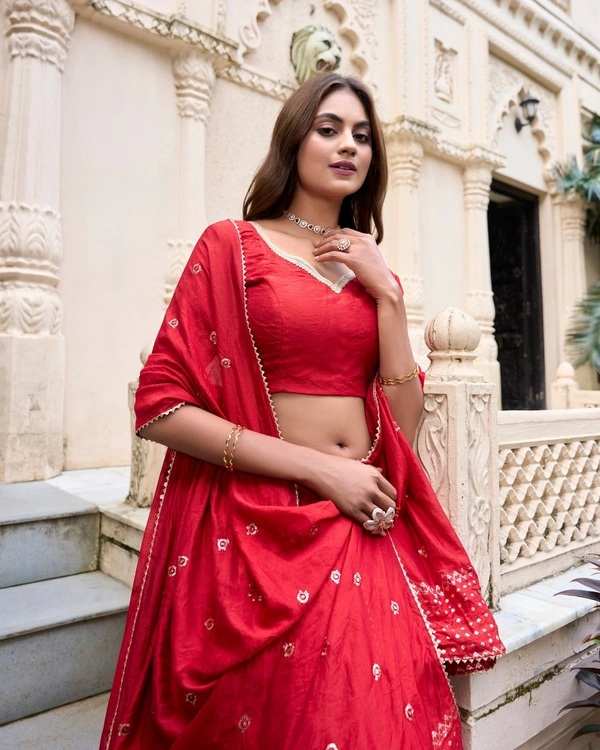 Azorte Fashion Gaji Silk Lehenga Choli Set with Digital Print & Tassel Dupatta – Ethnic Festive Wear - Red, Stitched, Unstitched