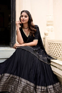 Azorte Fashion Gaji Silk Lehenga Choli Set with Digital Print & Tassel Dupatta – Ethnic Festive Wear - Black, Stitched, Unstitched