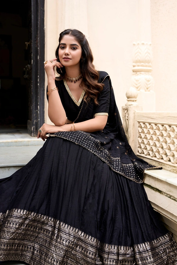 Azorte Fashion Gaji Silk Lehenga Choli Set with Digital Print & Tassel Dupatta – Ethnic Festive Wear - Black, Stitched, Unstitched
