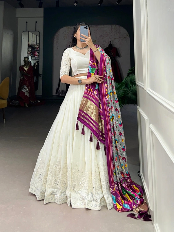 Azorte Fashion Lucknowi Mirror Work Georgette Lehenga Choli with Gaji Silk Dupatta - MLE, Stitched, Unstitched
