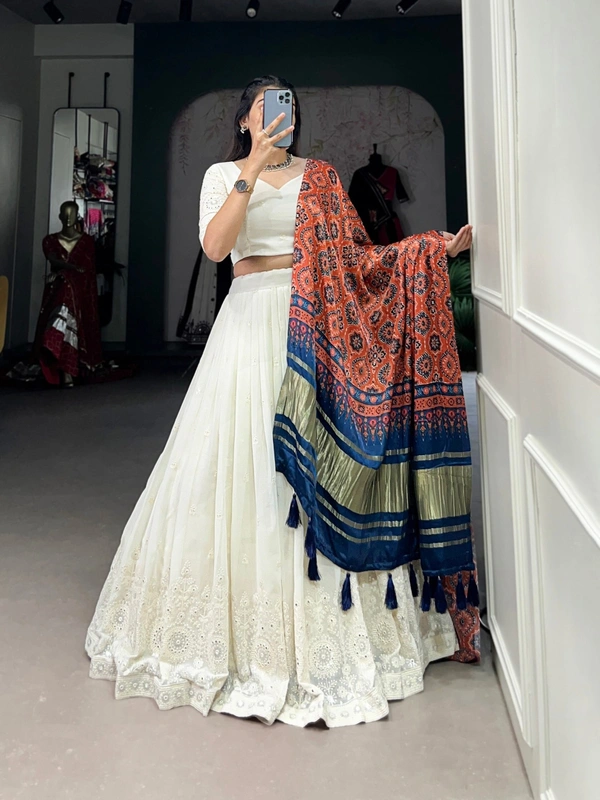 Azorte Fashion Lucknowi Mirror Work Georgette Lehenga Choli with Gaji Silk Dupatta - BRN, Stitched, Unstitched