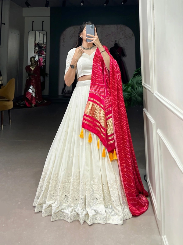 Azorte Fashion Lucknowi Mirror Work Georgette Lehenga Choli with Gaji Silk Dupatta - MZO, Stitched, Unstitched