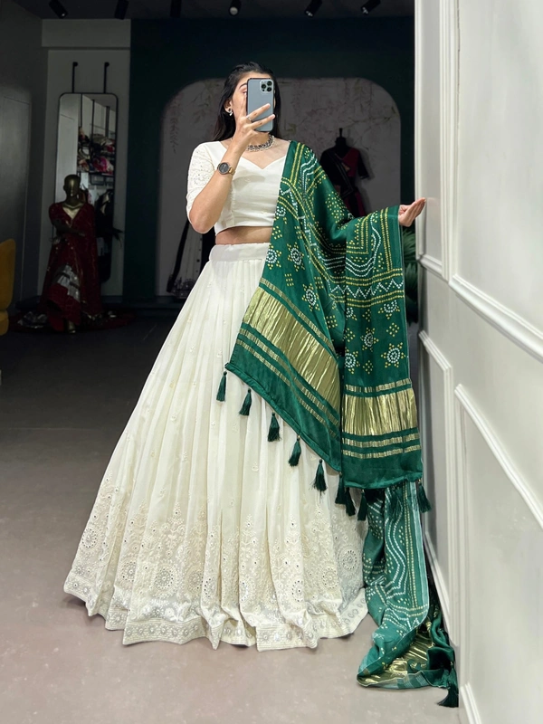 Azorte Fashion Lucknowi Mirror Work Georgette Lehenga Choli with Gaji Silk Dupatta - EDN, Stitched, Unstitched