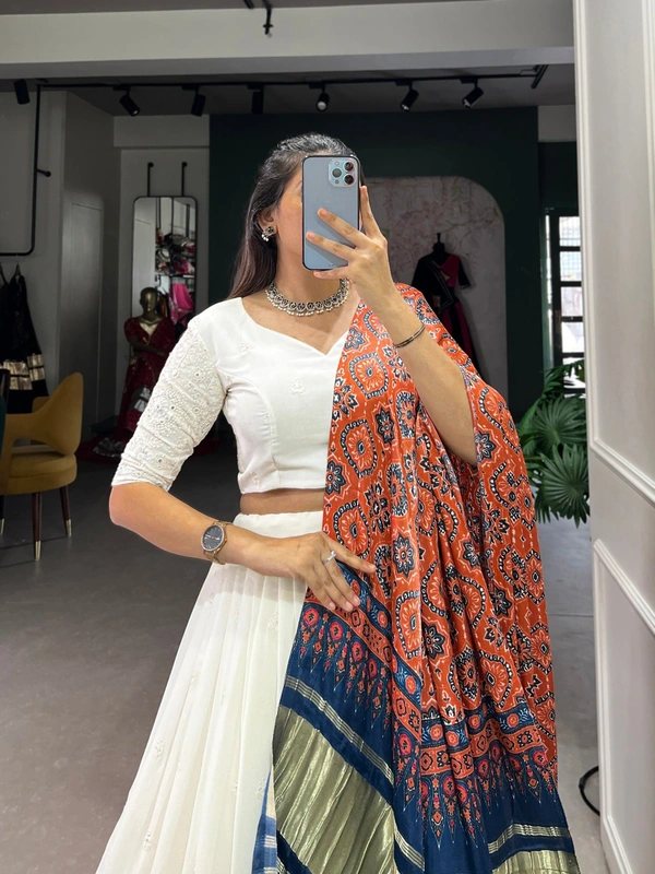 Azorte Fashion Lucknowi Mirror Work Georgette Lehenga Choli with Gaji Silk Dupatta - BRN, Stitched, Unstitched