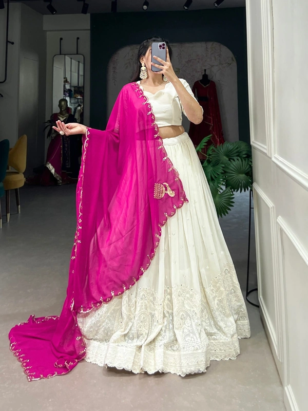 Azorte Fashion Lucknowi Mirror Work Georgette Lehenga Choli with Embroidered Dupatta - PNK, Stitched, Unstitched
