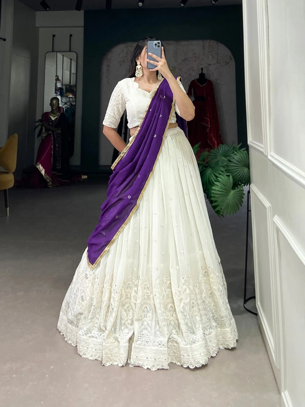 Azorte Fashion Lucknowi Mirror Work Georgette Lehenga Choli with Embroidered Dupatta - BVA, Stitched, Unstitched