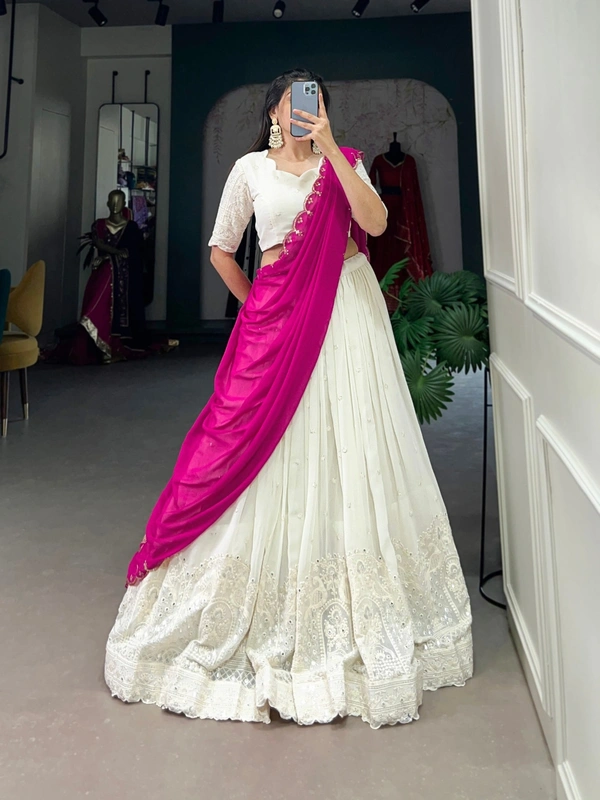 Azorte Fashion Lucknowi Mirror Work Georgette Lehenga Choli with Embroidered Dupatta - PNK, Stitched, Unstitched