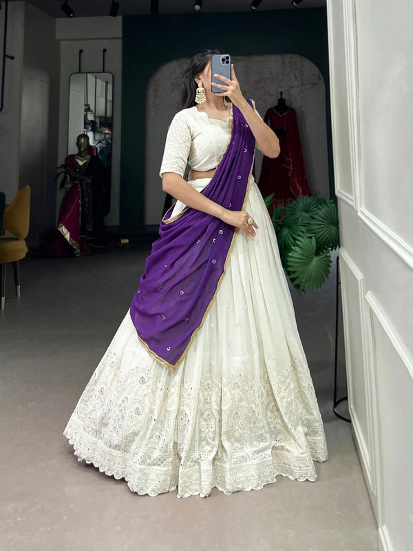 Azorte Fashion Lucknowi Mirror Work Georgette Lehenga Choli with Embroidered Dupatta - BVA, Stitched, Unstitched