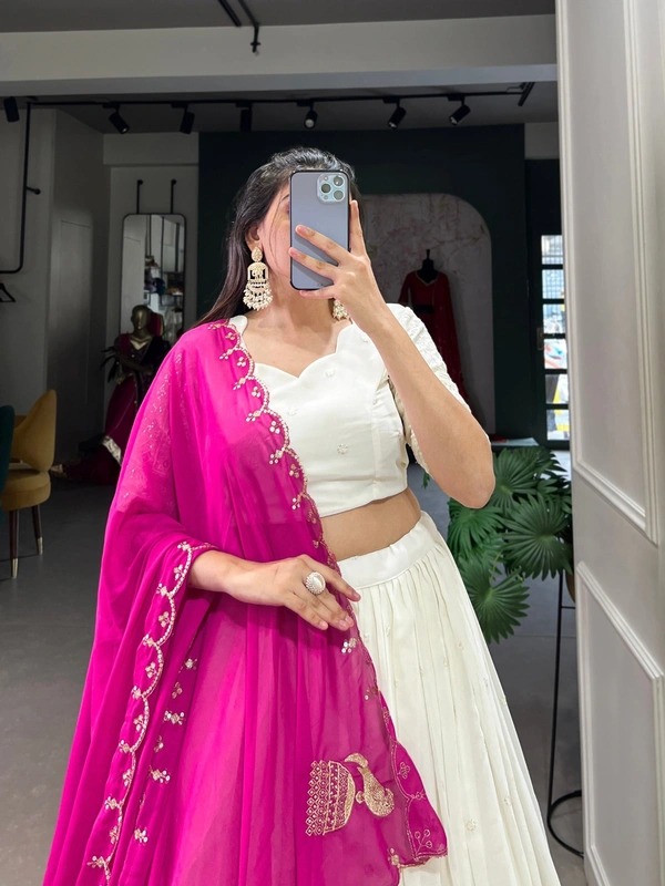 Azorte Fashion Lucknowi Mirror Work Georgette Lehenga Choli with Embroidered Dupatta - PNK, Stitched, Unstitched