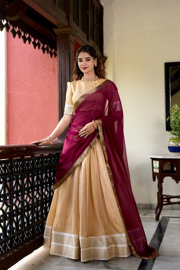 Azorte Fashion Kanchipuram Silk Zari Weaving Lehenga Choli with Georgette Dupatta - DWO, Stitched, Unstitched