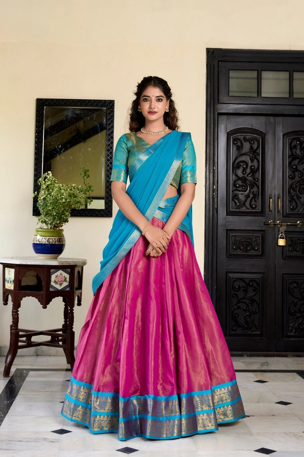 Azorte Fashion Kanchipuram Silk Zari Weaving Lehenga Choli with Georgette Dupatta - HCS, Stitched, Unstitched