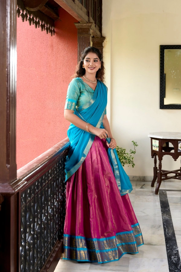 Azorte Fashion Kanchipuram Silk Zari Weaving Lehenga Choli with Georgette Dupatta - HCS, Stitched, Unstitched
