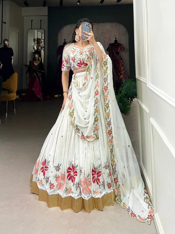 Azorte Fashion White Georgette Wedding Lehenga Choli with Sequins & Thread Embroidery - Stitched, Unstitched