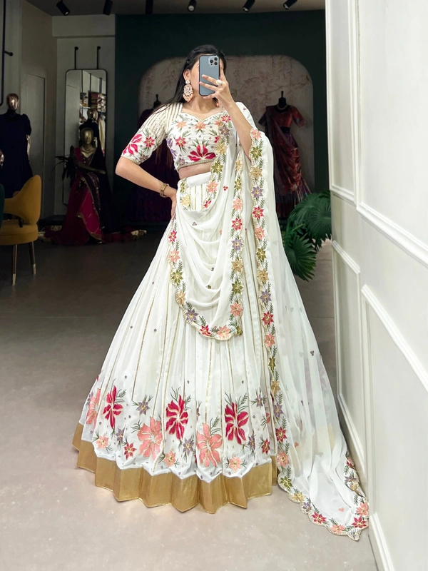 Azorte Fashion White Georgette Wedding Lehenga Choli with Sequins & Thread Embroidery - Stitched, Unstitched