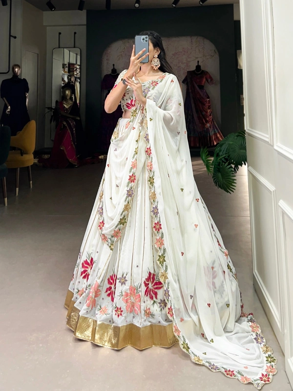 Azorte Fashion White Georgette Wedding Lehenga Choli with Sequins & Thread Embroidery - Stitched, Unstitched