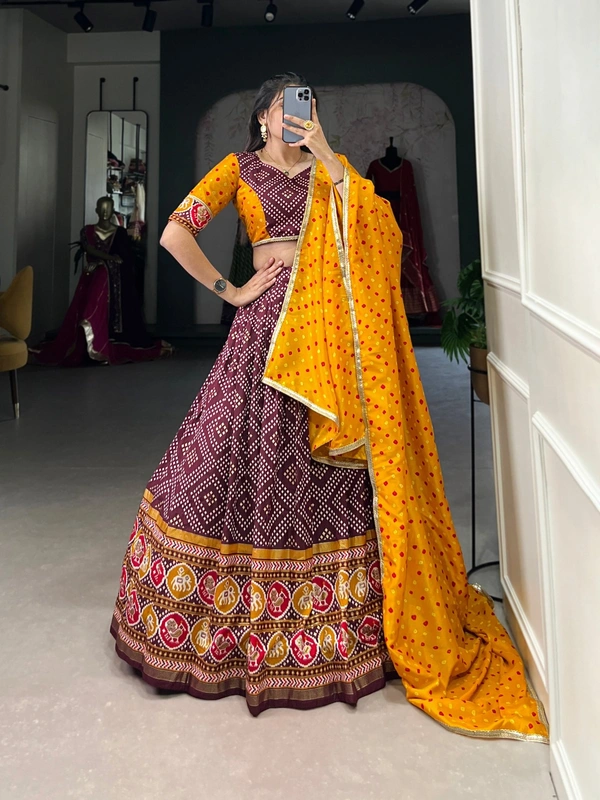 Azorte Fashion Tussar Silk Bandhej & Patola Printed Lehenga Choli with Foil Work – Stitched Set with Dupatta - WIN, Stitched, Unstitched