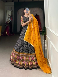 Azorte Fashion Tussar Silk Bandhej & Patola Printed Lehenga Choli with Foil Work – Stitched Set with Dupatta - Black, Stitched, Unstitched