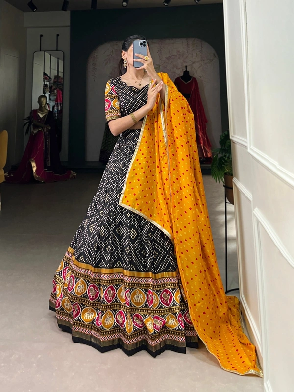 Azorte Fashion Tussar Silk Bandhej & Patola Printed Lehenga Choli with Foil Work – Stitched Set with Dupatta - Black, Stitched, Unstitched