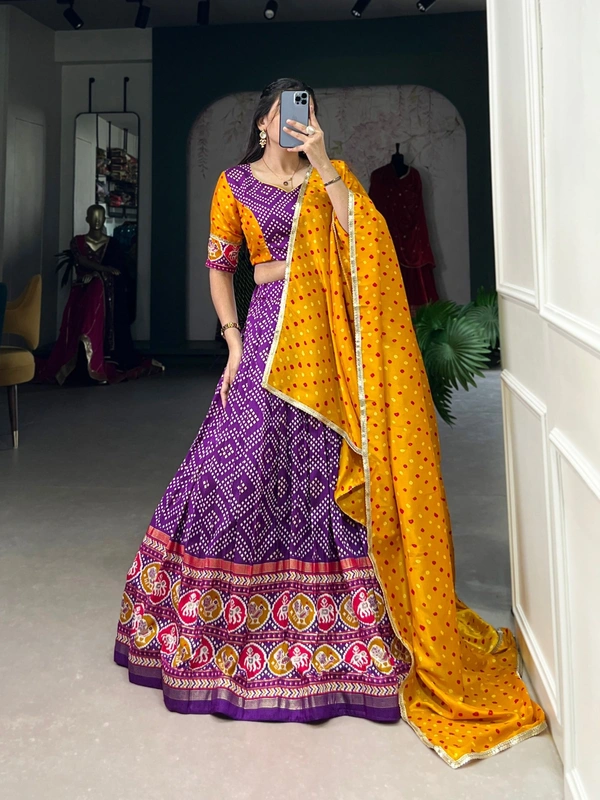 Azorte Fashion Tussar Silk Bandhej & Patola Printed Lehenga Choli with Foil Work – Stitched Set with Dupatta - HNY, Stitched, Unstitched