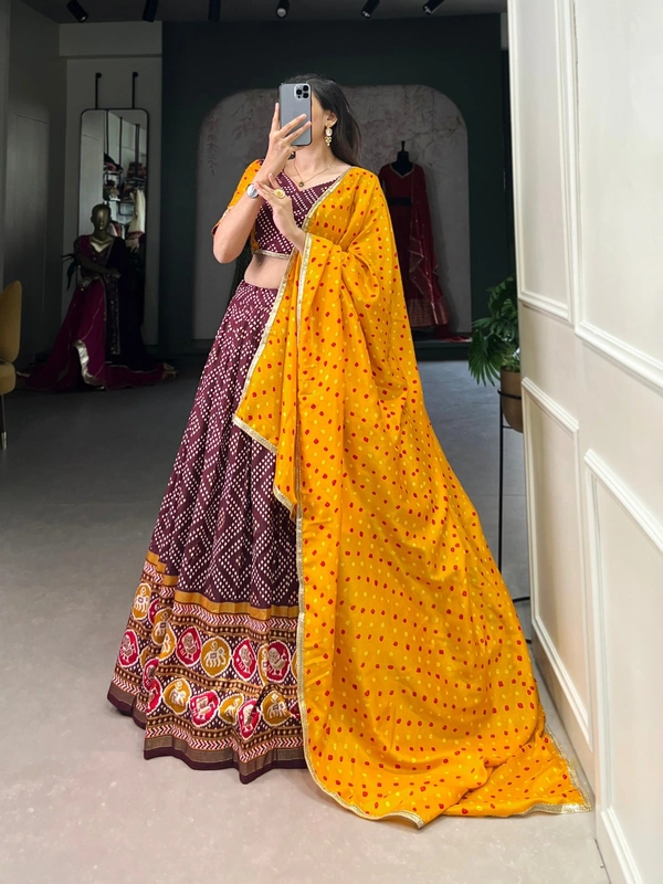 Azorte Fashion Tussar Silk Bandhej & Patola Printed Lehenga Choli with Foil Work – Stitched Set with Dupatta - WIN, Stitched, Unstitched