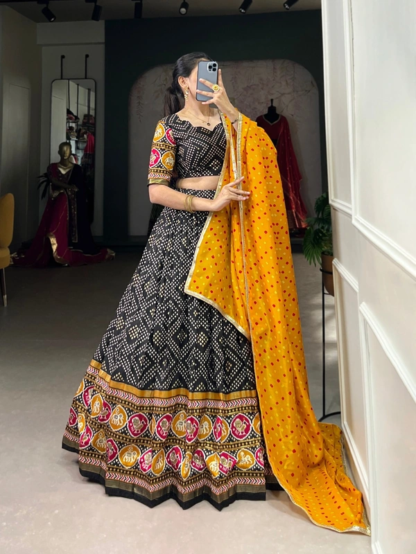 Azorte Fashion Tussar Silk Bandhej & Patola Printed Lehenga Choli with Foil Work – Stitched Set with Dupatta - Black, Stitched, Unstitched
