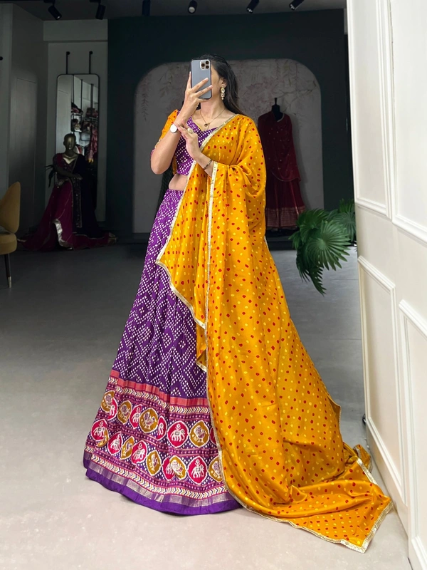 Azorte Fashion Tussar Silk Bandhej & Patola Printed Lehenga Choli with Foil Work – Stitched Set with Dupatta - HNY, Stitched, Unstitched