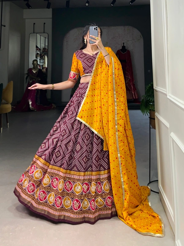 Azorte Fashion Tussar Silk Bandhej & Patola Printed Lehenga Choli with Foil Work – Stitched Set with Dupatta - WIN, Stitched, Unstitched