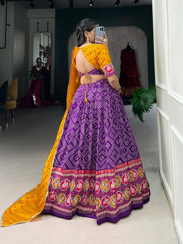 Azorte Fashion Tussar Silk Bandhej & Patola Printed Lehenga Choli with Foil Work – Stitched Set with Dupatta - HNY, Stitched, Unstitched