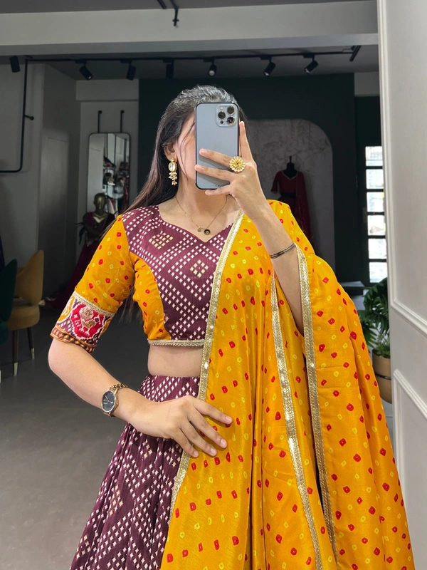 Azorte Fashion Tussar Silk Bandhej & Patola Printed Lehenga Choli with Foil Work – Stitched Set with Dupatta - WIN, Stitched, Unstitched