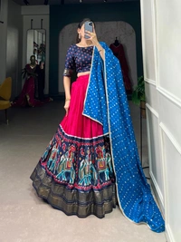 Azorte Fashion Dola Silk Patola Print Lehenga Choli with Foil Work and Bandhej Dupatta – Wedding Wear Set - Stitched, Unstitched