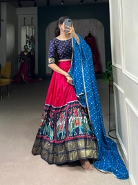 Azorte Fashion Dola Silk Patola Print Lehenga Choli with Foil Work and Bandhej Dupatta – Wedding Wear Set - Stitched, Unstitched
