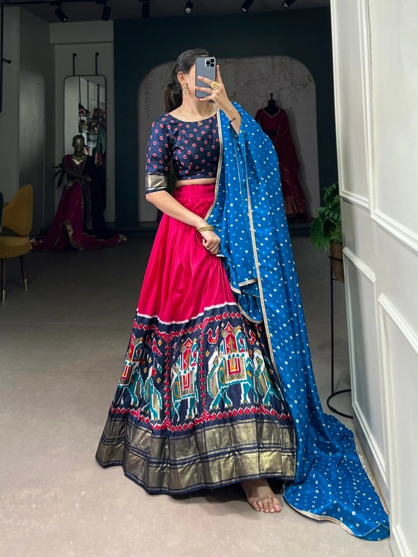 Azorte Fashion Dola Silk Patola Print Lehenga Choli with Foil Work and Bandhej Dupatta – Wedding Wear Set - Stitched, Unstitched