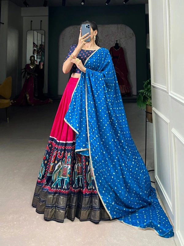 Azorte Fashion Dola Silk Patola Print Lehenga Choli with Foil Work and Bandhej Dupatta – Wedding Wear Set - Stitched, Unstitched