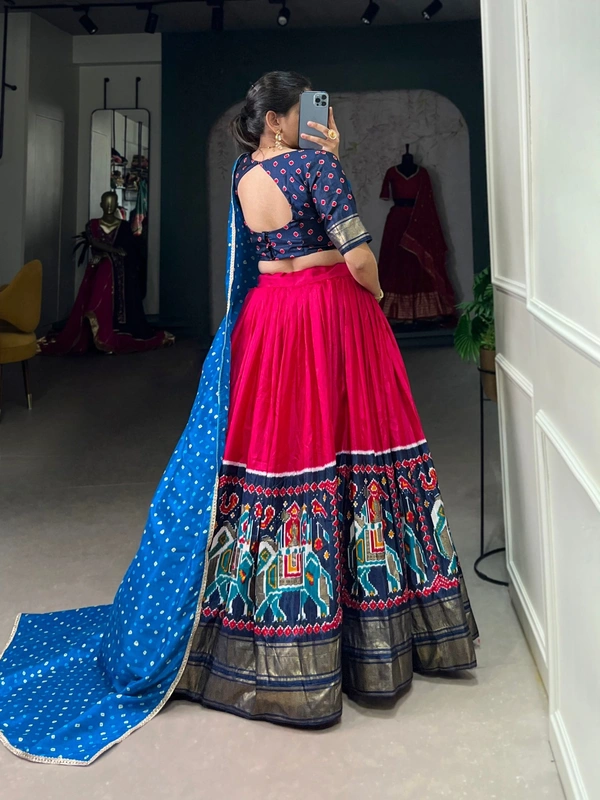 Azorte Fashion Dola Silk Patola Print Lehenga Choli with Foil Work and Bandhej Dupatta – Wedding Wear Set - Stitched, Unstitched