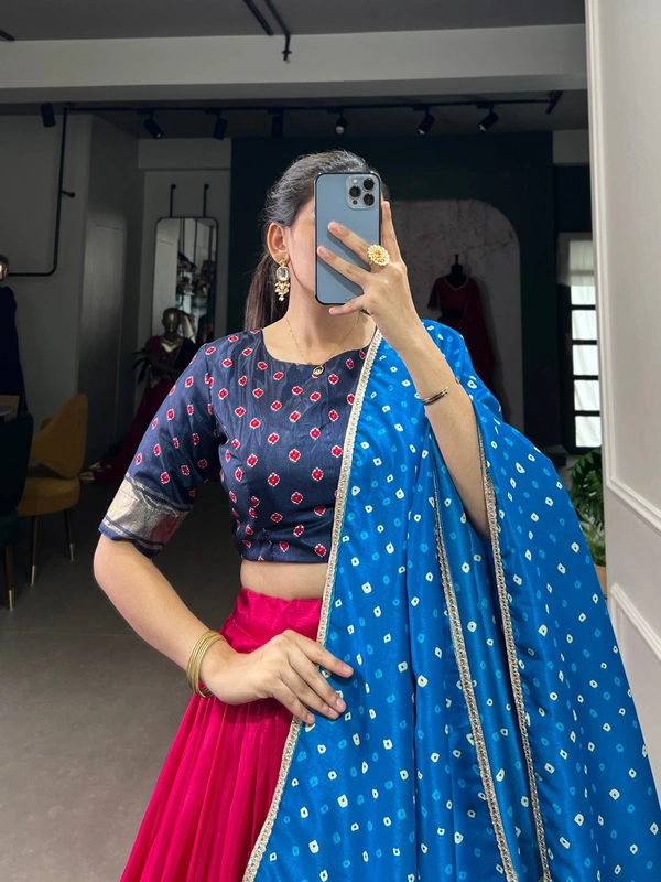 Azorte Fashion Dola Silk Patola Print Lehenga Choli with Foil Work and Bandhej Dupatta – Wedding Wear Set - Stitched, Unstitched