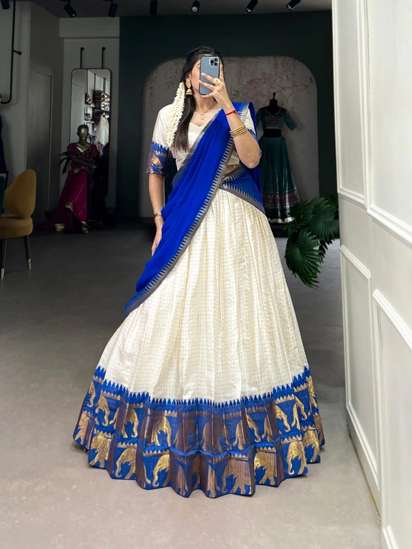 Azorte Fashion Kalyani Cotton Zari Woven Lehenga Choli with Georgette Dupatta – Traditional Festive Wear Set - BLU, Stitched, Unstitched