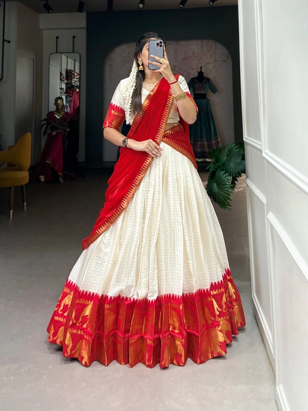 Azorte Fashion Kalyani Cotton Zari Woven Lehenga Choli with Georgette Dupatta – Traditional Festive Wear Set - RED, Stitched, Unstitched