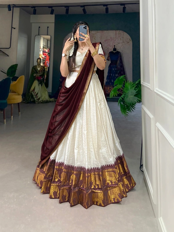 Azorte Fashion Kalyani Cotton Zari Woven Lehenga Choli with Georgette Dupatta – Traditional Festive Wear Set - BRN, Stitched, Unstitched