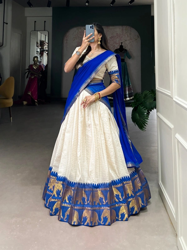 Azorte Fashion Kalyani Cotton Zari Woven Lehenga Choli with Georgette Dupatta – Traditional Festive Wear Set - BLU, Stitched, Unstitched
