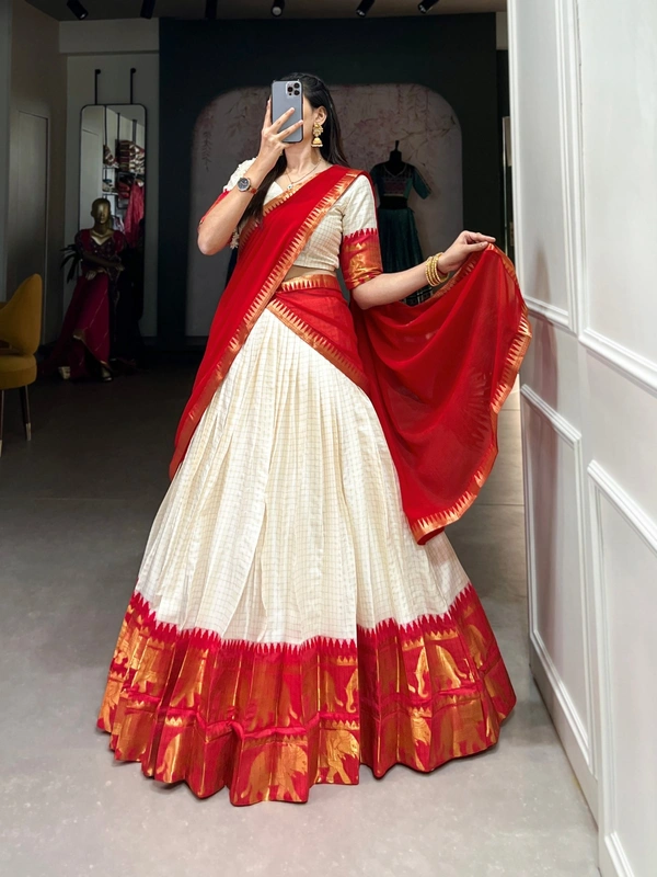 Azorte Fashion Kalyani Cotton Zari Woven Lehenga Choli with Georgette Dupatta – Traditional Festive Wear Set - RED, Stitched, Unstitched